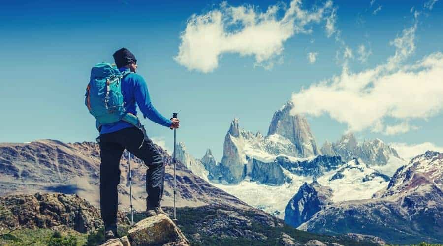 Active man hiking in the mountains. Patagonia, Mount Fitz Roy