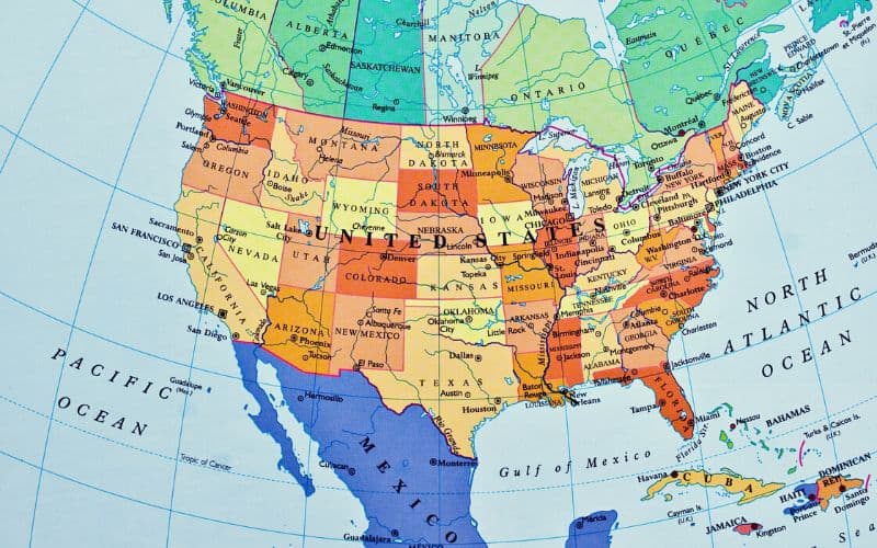 Longitude and latitude lines on a map of the USA