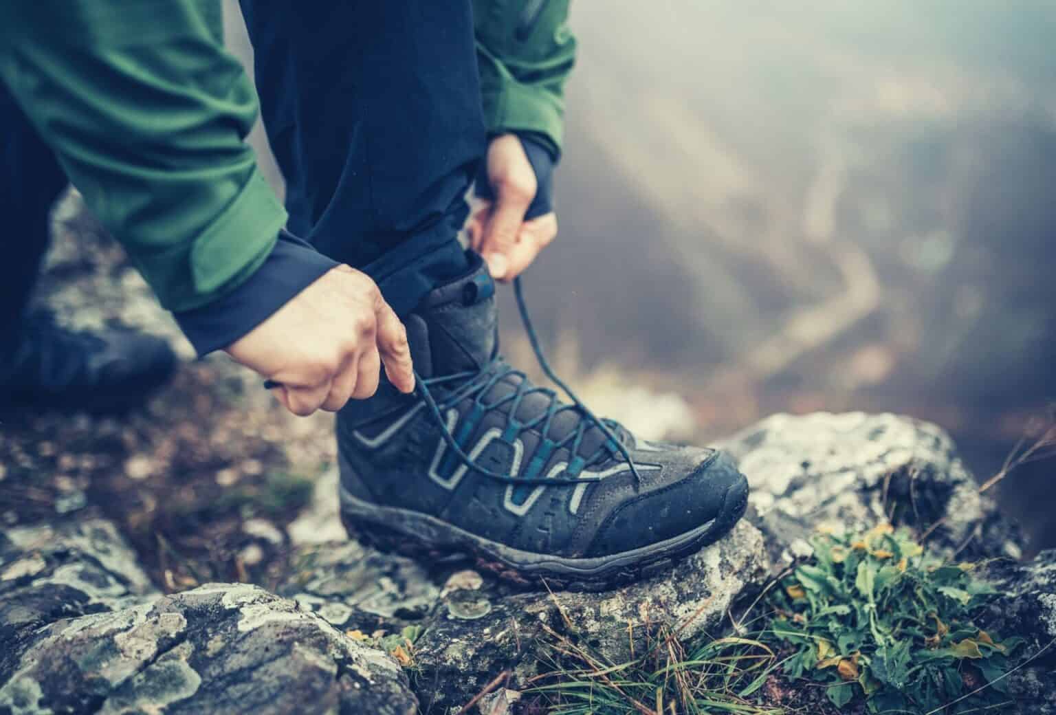tying hiking boots