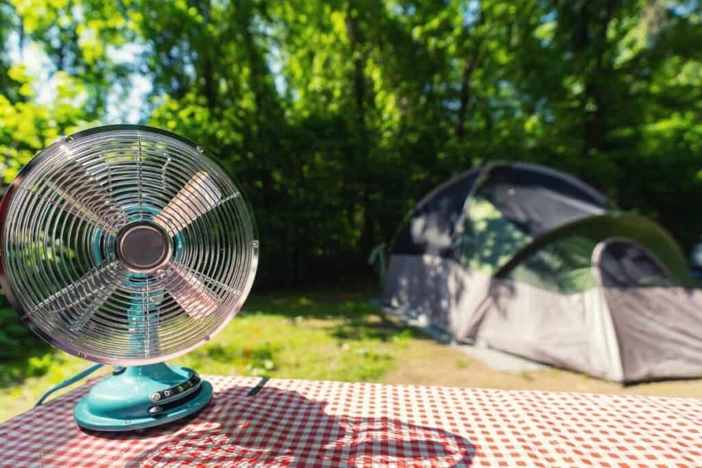 Cooling fan next to a tent