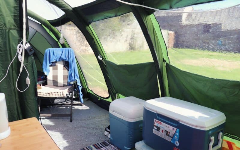 The interior of an airbeam tents vestibule