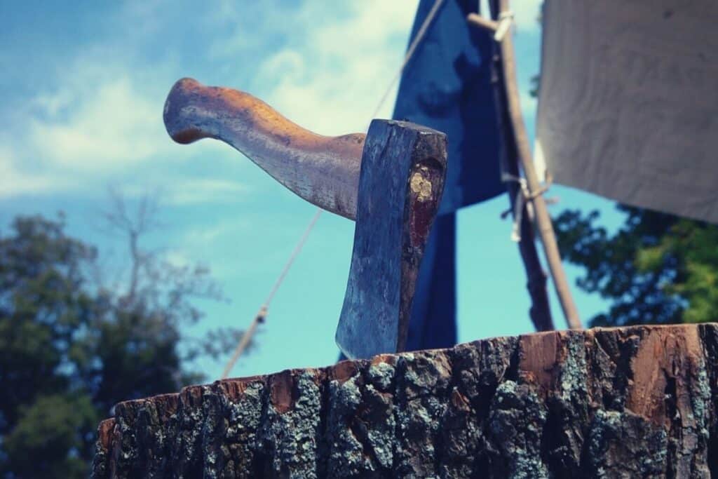 An axe sticking out of a wooden stump