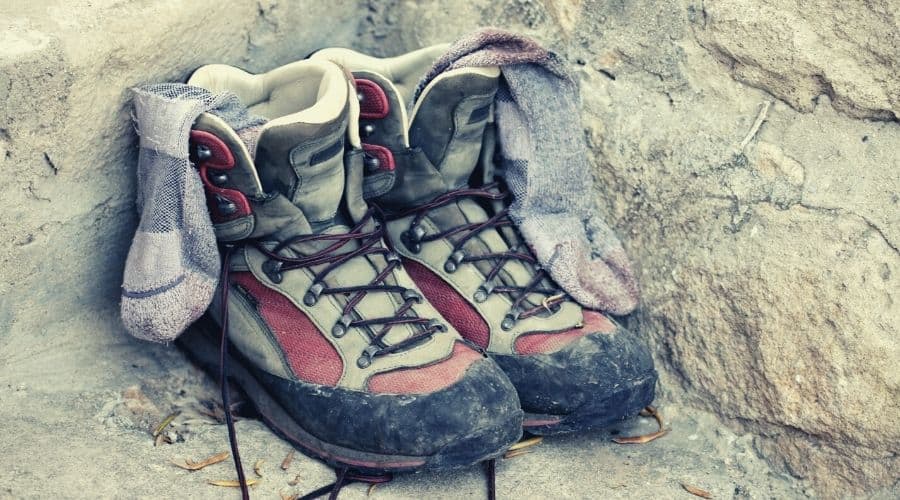 hiking boots and socks drying