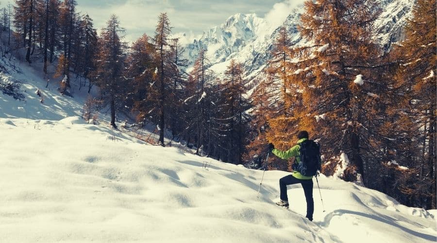 male hiker in warm clothing hiking in snowy forest