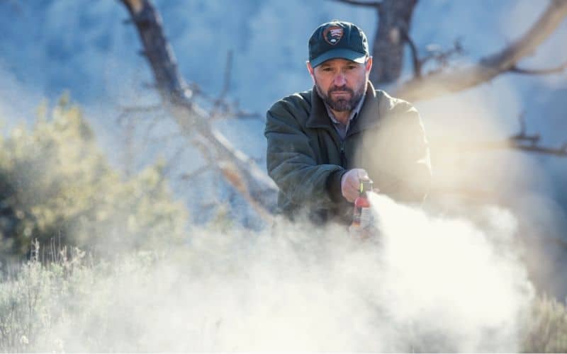 Aerosol fumes seen billowing as man sprays bear spray