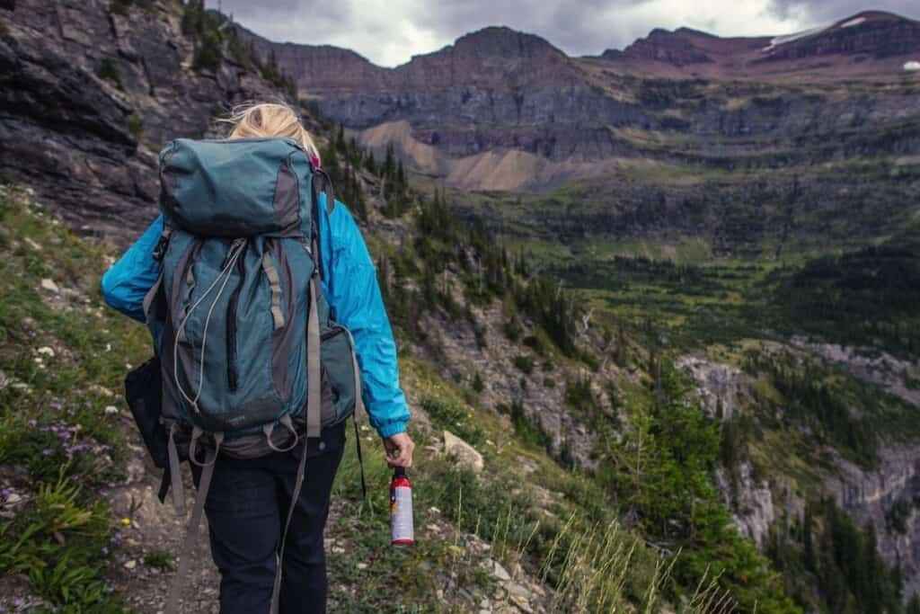 Hiker on a mountainous trail holding bear spray