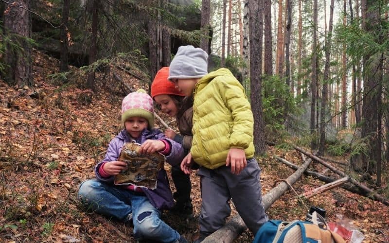 Little kids scavenging in a forest with a treasure map