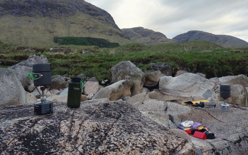 MSR PocketRocket 2 & Soto Amicus backpacking stoves in Scottish Valley