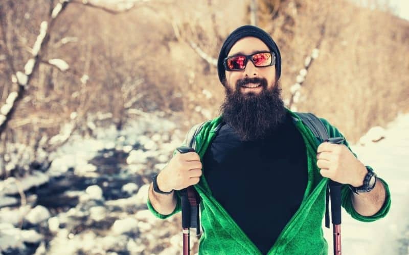 hiker wearing a wool base layer shirt