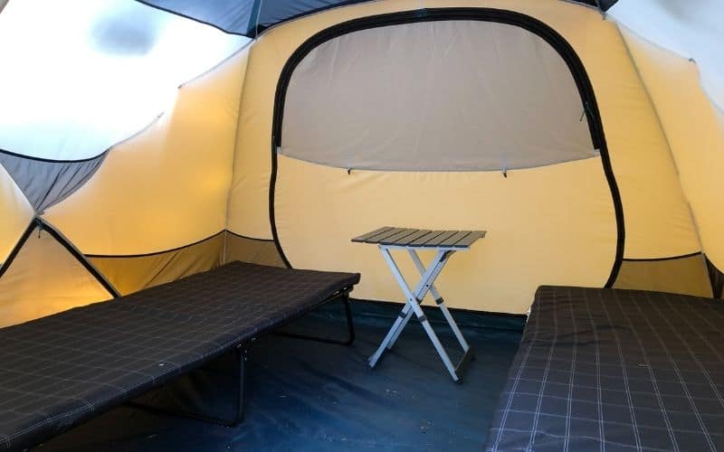 Two Coleman Comfortsmart cots in REI Basecamp tent at Lassen National Park. 