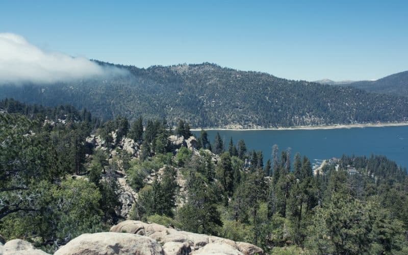 View of Big Bear Lake from top of Snow Summit Ski Resort.