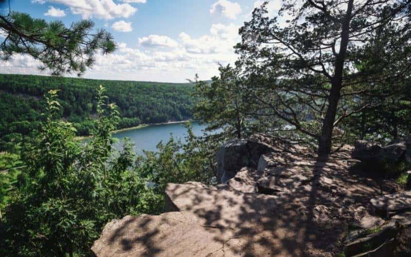 Elevated view through trees of Devil's Lake in Wisconsin