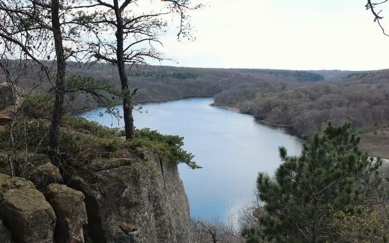 From a high viewpoint looking over a lake at Governor Dodge State Park