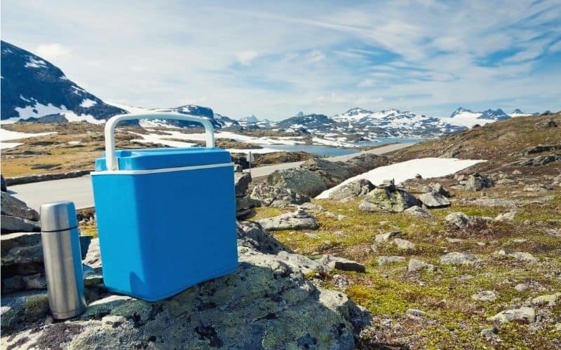 Hard sided cooler box and flask against a snowy mountain backdrop