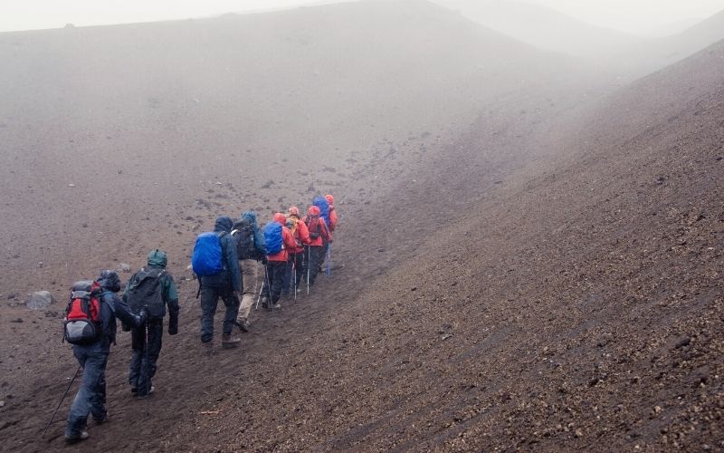 People walking up a hill in rain gear