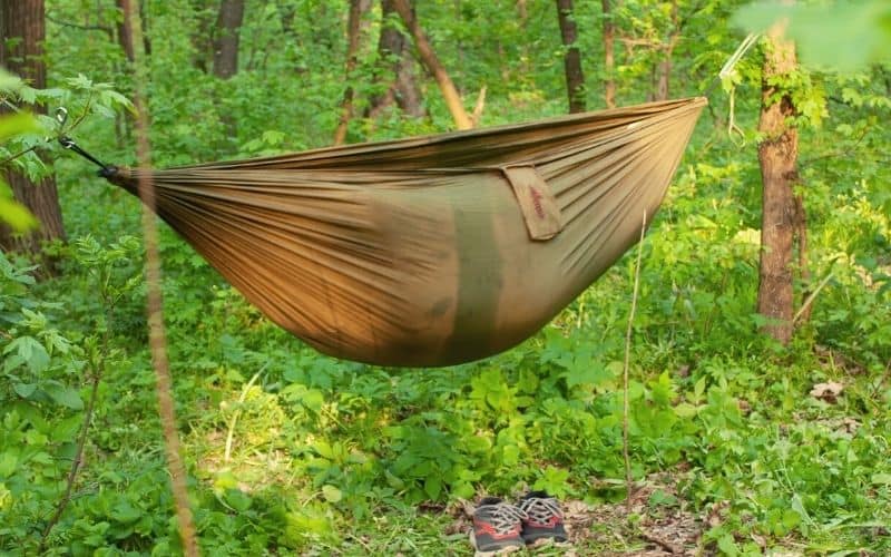 Stained hammock hanging in trees 