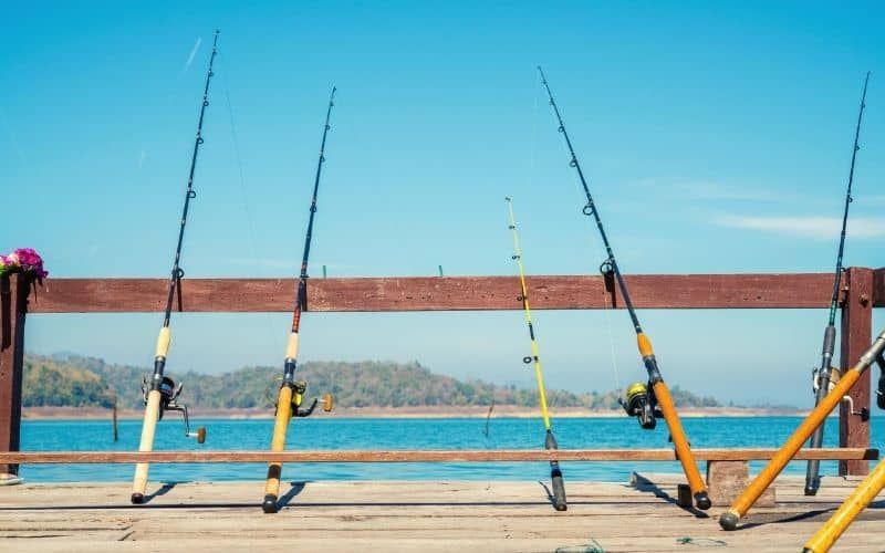 Various lengths of fishing pole resting against fence