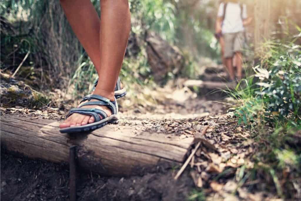 People hiking on a forest path wearing sandals
