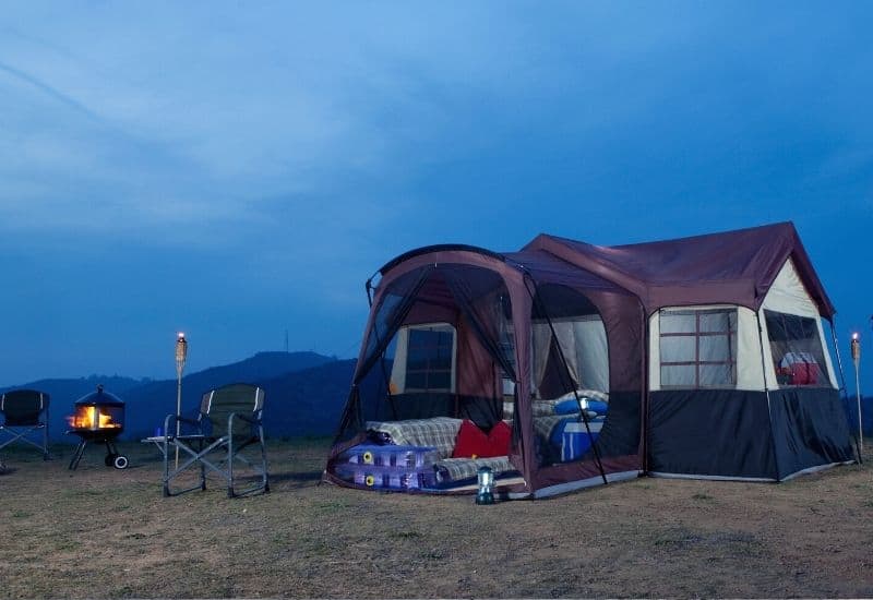Large family tent at dusk
