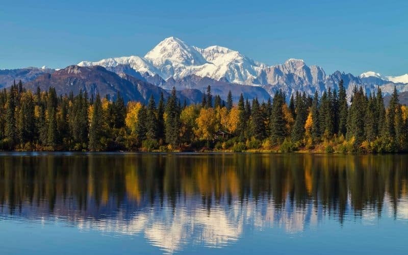 View of Byers Lake in front of Mount McKinley, Alaska
