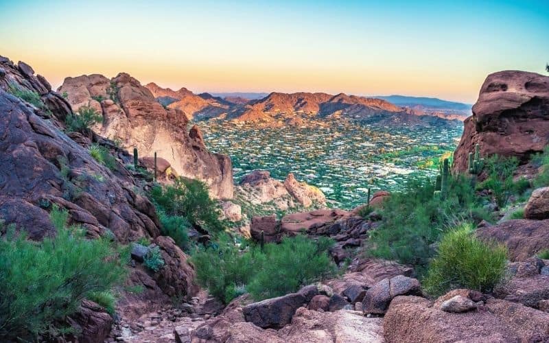 Sun rising over Phoenix, Arizona, from Camelback Mountain