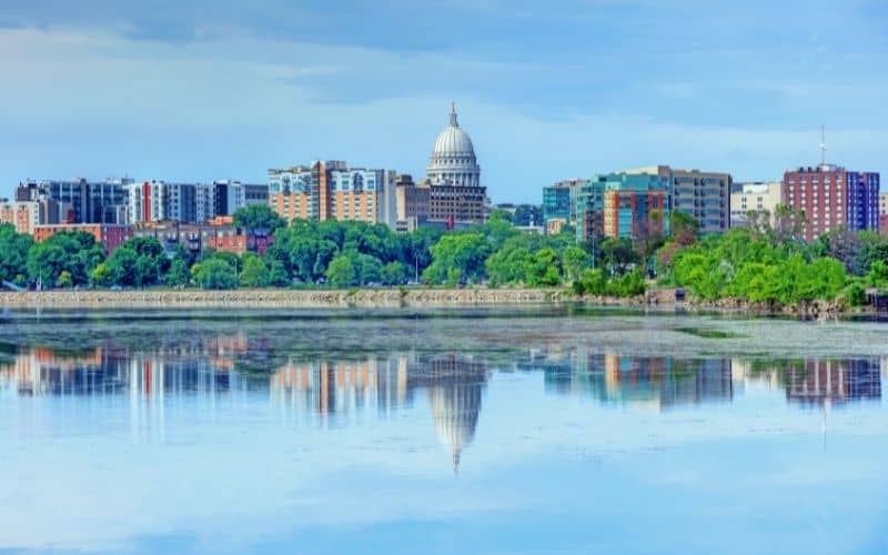 Madison city skyline reflected in Lake Monona, Wisconsin