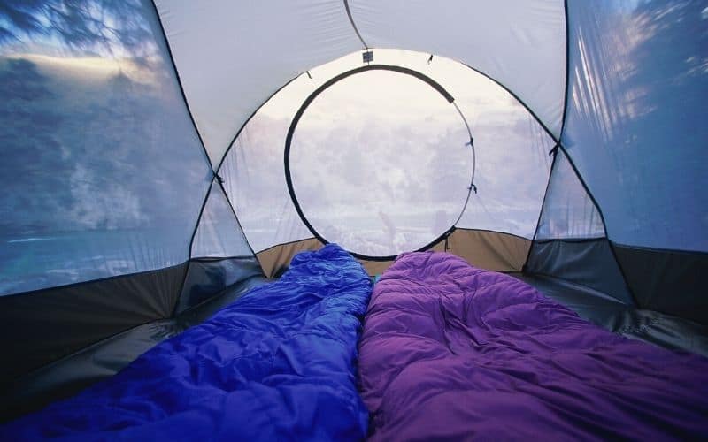 Sleeping bags inside a two man tent
