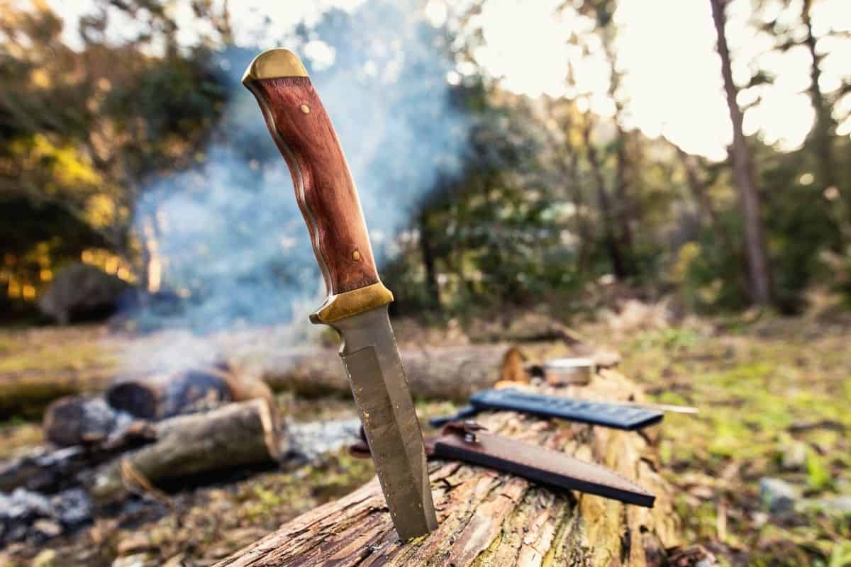 Camping knife sticking out of a log in front of a campfire
