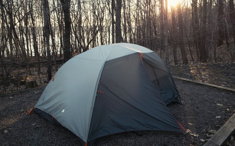 Big Agnes Copper Spur tent pitched in a forest