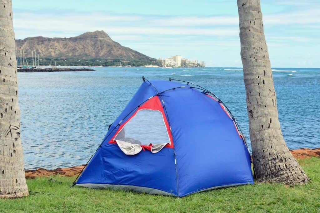 Pop up tent pitched on the shore of Hawaii
