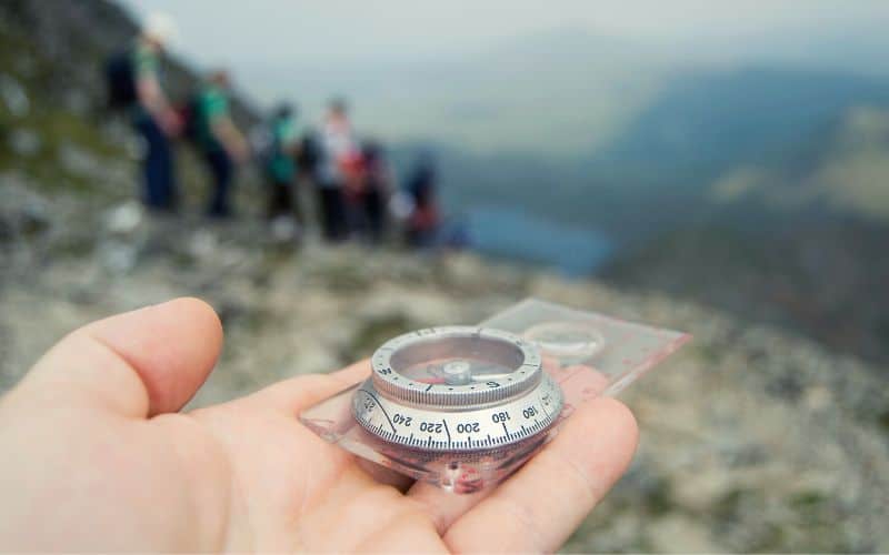 Group of hikers using a compass