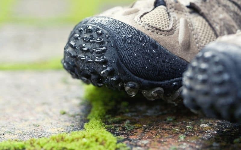 Rubber toe cap on a hiking shoe