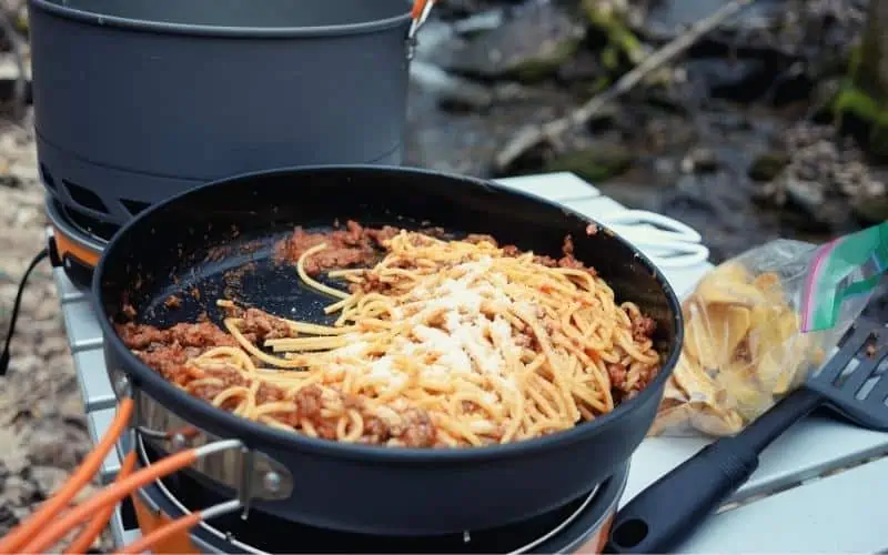 pasta cooked on camping stove