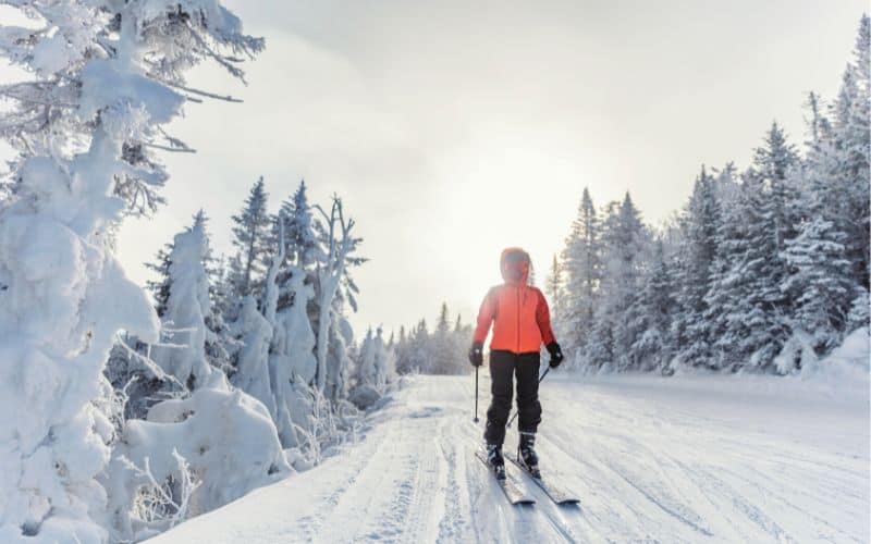 Skier wearing hardshell jacket skiing 