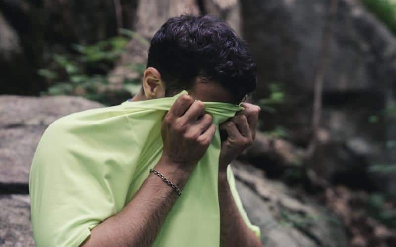 exhausted sweaty hiker