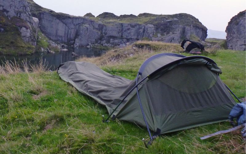Bivy bag pitched on clifftop