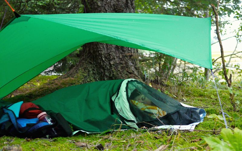 Camper sleeping in bivy bag with mosquito net at the head