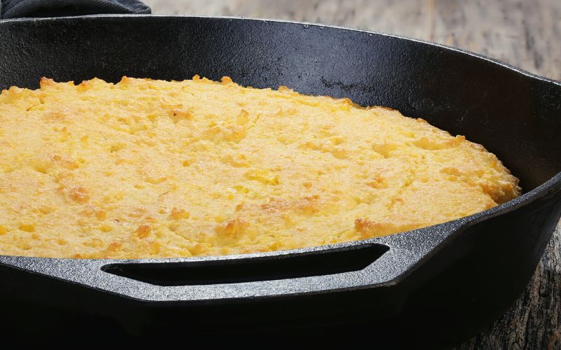 Campfire cooked cornbread in skillet