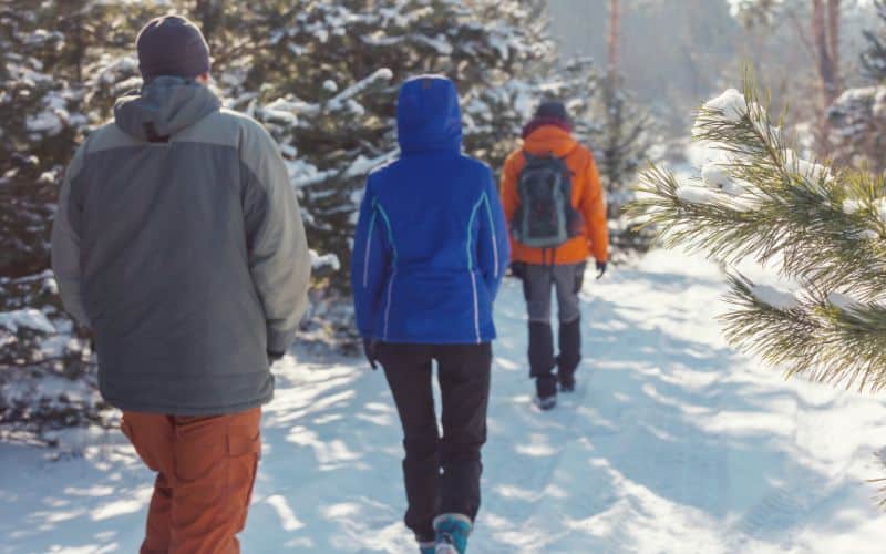 Hikers in the snow wearing hardshell and softshell jackets