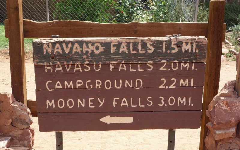 Sign showing distances for various waterfalls at Havasupai