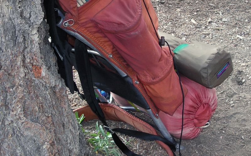 The back of an external frame backpack