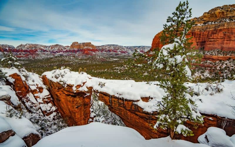 View across a snowy Devils Bridge, Sedona