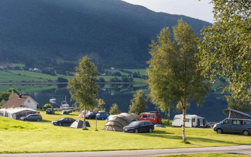 Campground beside lake with amenities