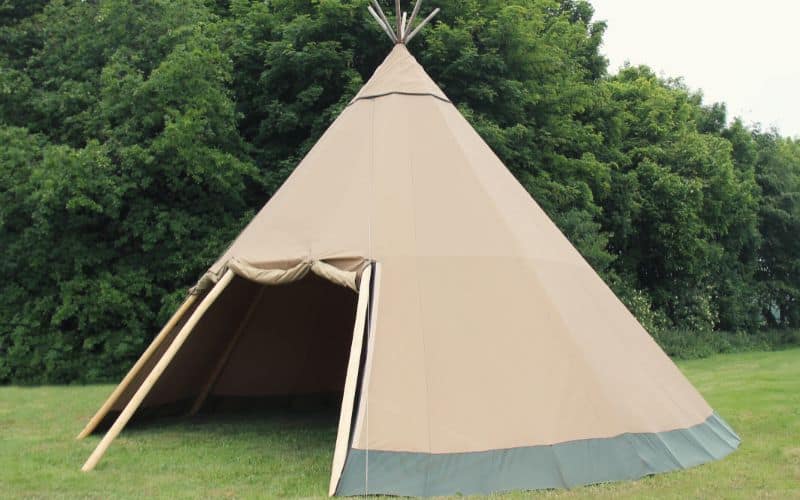 Canvas 'wigwam' style tent with its door open