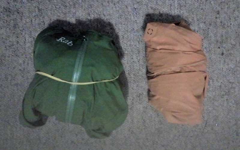 Comparison of Rab Latok (left) and the Patagonia DA (right) packed down.