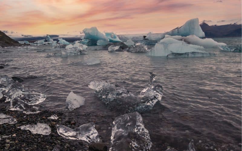 Glacial area with abundant clear ice blocks around