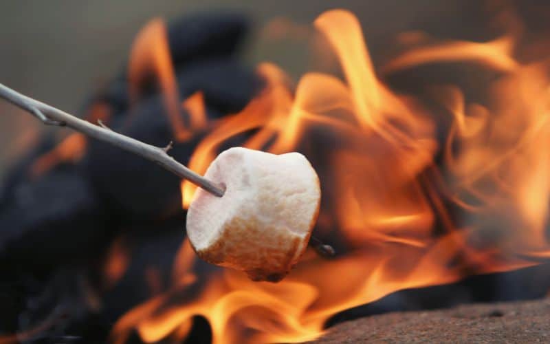 Marshmallow on a stick roasting over a campfire