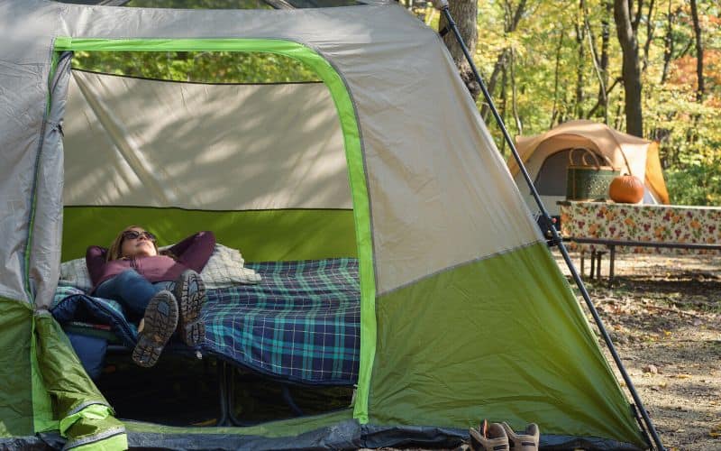 Two camping cots set up inside a tent