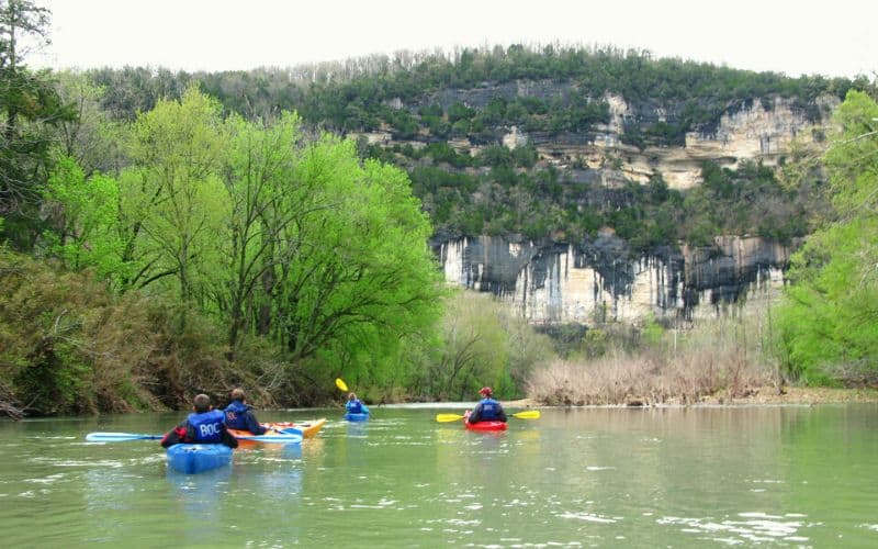 Kayaking down the Buffalo River at Big Bluff, Buffalo National River Park, Ozark National Forest, Arkansas 