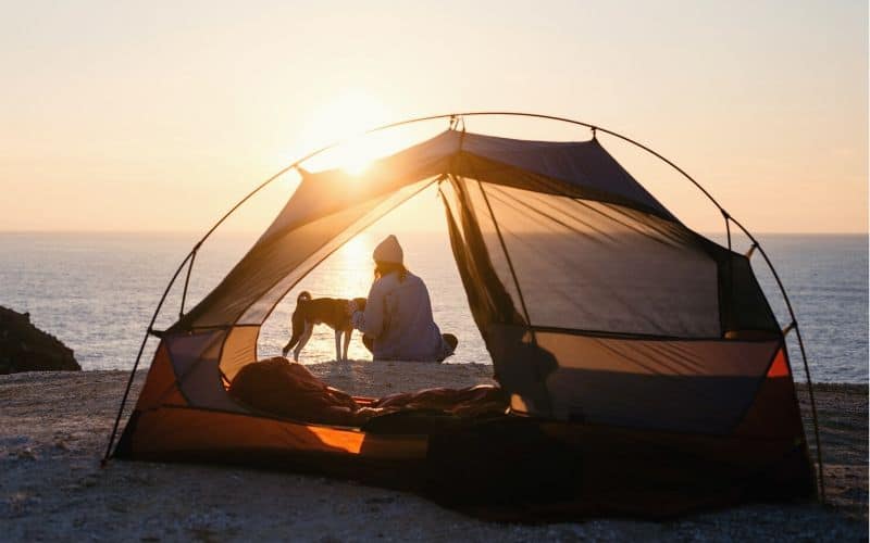 Woman and dog silhouette in front of a tent pitched on the beach